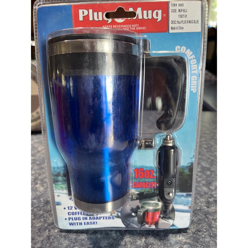 Plug N Mug 12 Volt Heated Travel Mug 16oz Blue Stainless Steel Car Coffee Cup